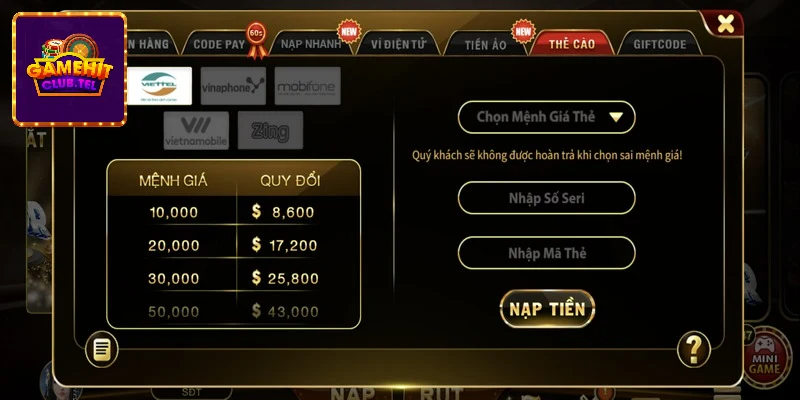 Hướng dẫn thao tác nạp tiền hit club bằng ví điện tử
